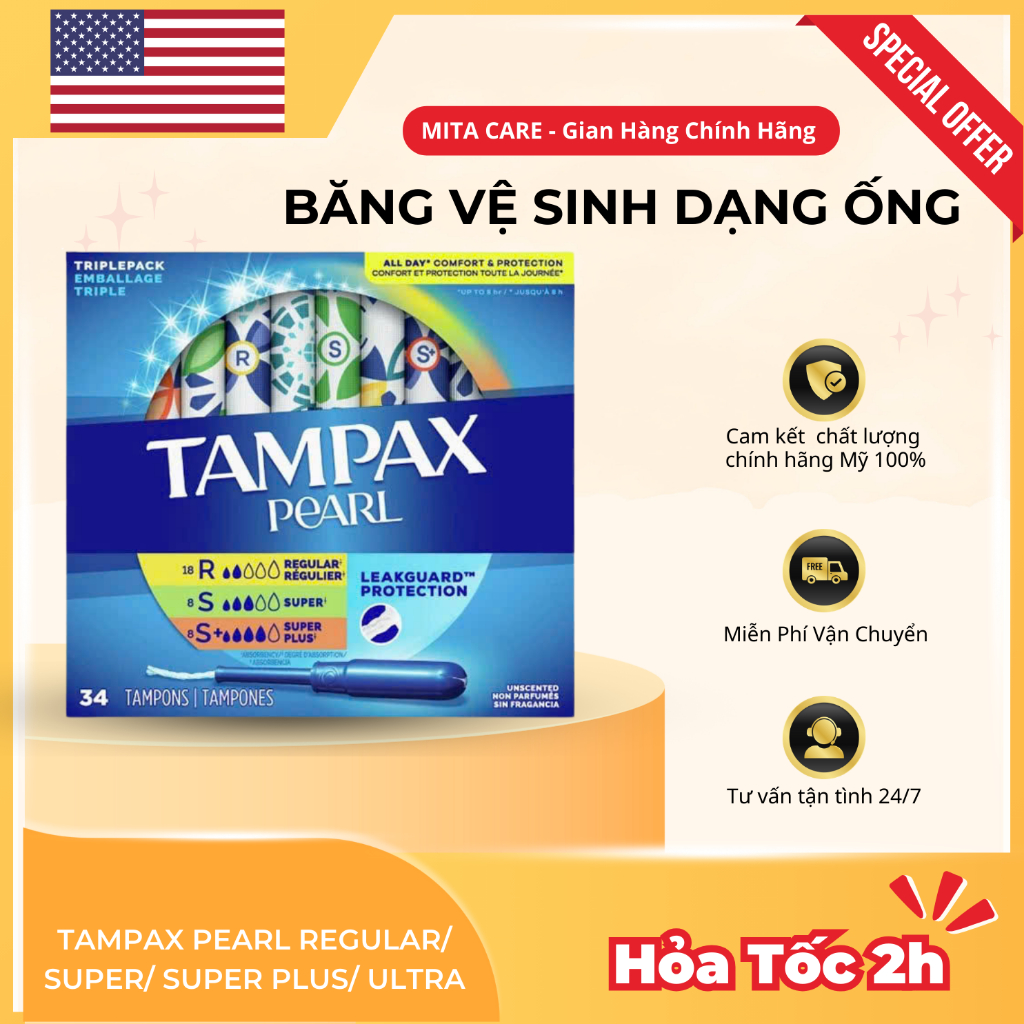[Chính Hãng USA] Băng Vệ Sinh 34 Ống Tampon Tampax Pearl 18Regular/8Super/8Super Plus/ Cho Ngày Kinh