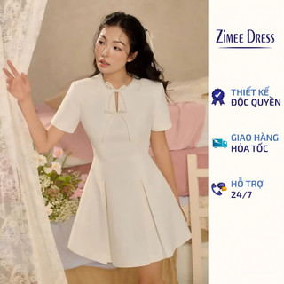  Váy Be Dạ Chéo Cổ Đính Ngọc Gắn 2 Nơ Dáng Xếp Ly Olivia Dress 