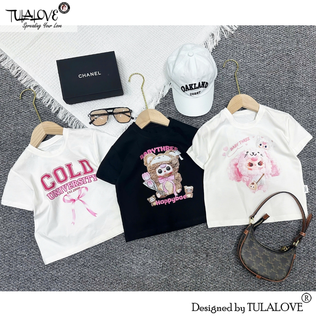 Áo Phông Bé Gái Vải Cotton In Hình Cực Đáng Yêu, Áo In Baby Three Hot Trend, Cộc Tay Bé Gái Tulalove