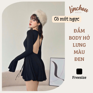 Đầm body hở lưng có mút ngực tay dài màu đen Linchou thiết kế sexy, sang trọng, vải thun co giãn V02