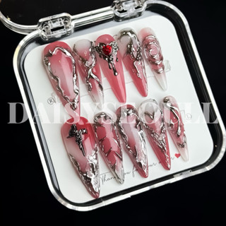 Nail box y2k màu đỏ vẽ viền tráng gương - móng tay giả y2k màu đỏ ngầu - nail box đỏ tết