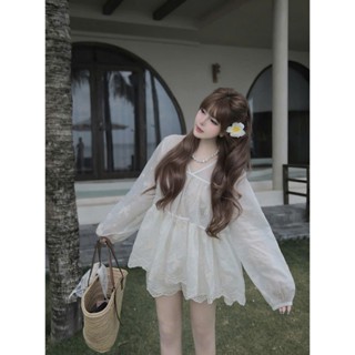 Set bộ đồ áo dài tay cổ V phối quần short đơn giản, Set bộ đồ áo babydoll form rộng phối quần short tiểu thư