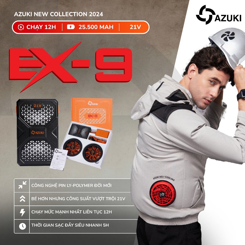 Áo Điều Hòa AZUKI EX9 Hot Nhất 2025,Pin 25.500 Mah, Quạt 21V Chạy Dài Nhất Thị Trường 12->24 Tiếng [