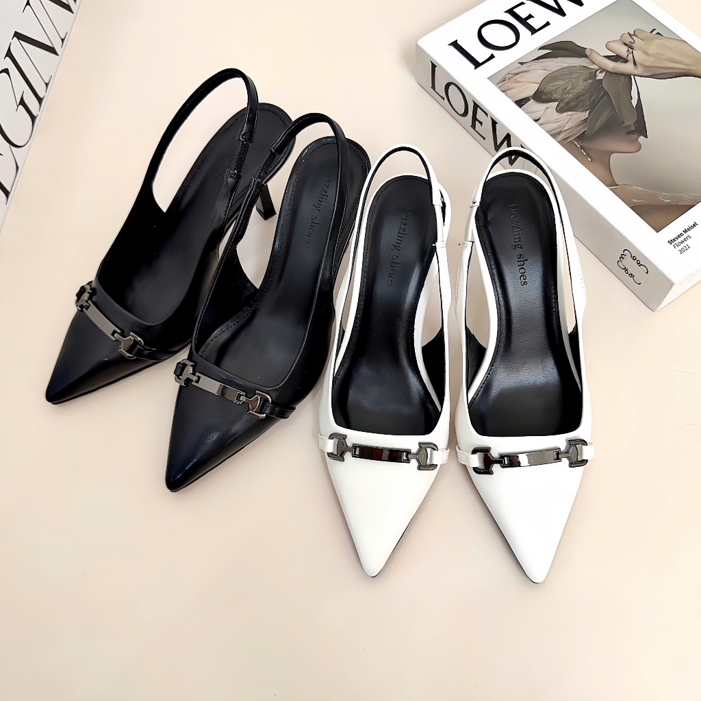 Giày cao gót nữ bít mũi 7cm, guốc mũi nhọn phối khóa dáng công sở DAZZLING SHOES SLB123
