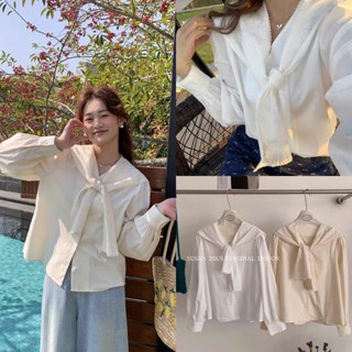 METWO. - Áo sơ mi thô trơn Hàn kèm khăn ren thuỷ thủ Lareine QC cổ tim V tay bèo ulzzang tiểu thư Hàn Quốc #2952