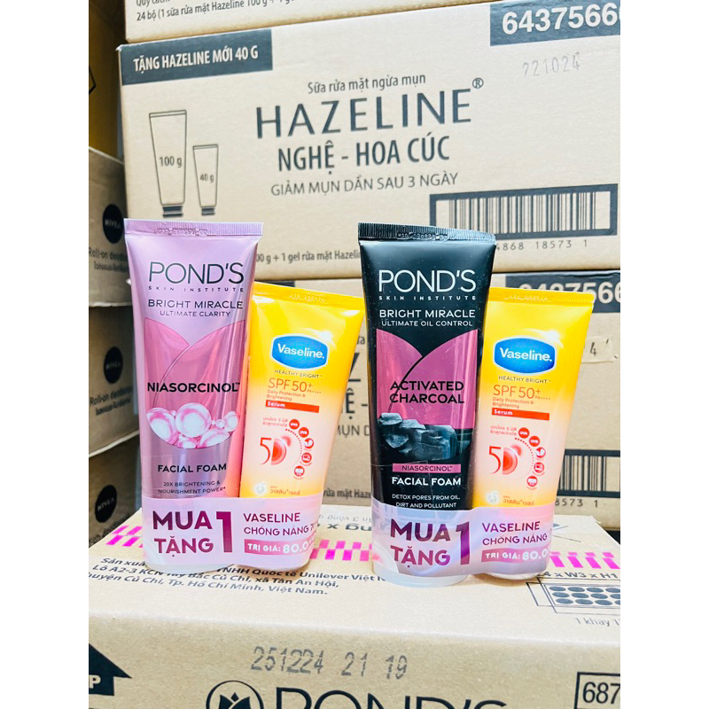 Sữa rửa mặt Ponds hồng/ đen Trắng da 100g tặng nc tẩy trang/  sữa dưỡng thể vasline 70ml tuỳ đợt hàn