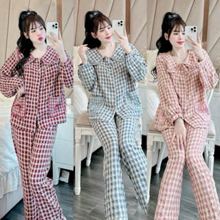   HÀNG ĐẸP  Set Đồ Ngủ Bộ Pijama Nữ Mặc Nhà Cổ Tròn Kẻ Caro Siêu Xinh 