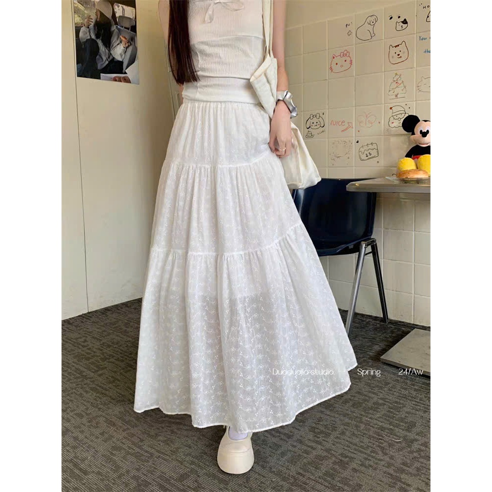   CV501  CHÂN VÁY TRẮNG MIDI HOA NHÍ metwo.dearu - Chân váy thêu ren hoa QC xoè dài cạp chun 2 lớp ulzzang tiểu thư HQ 