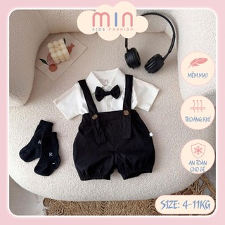  Set body yếm kèm áo 2 chi tiết cho bé trai 4-11kg body công tử đùi đính nơ chất vải mềm mại thoáng mát. Min Kids 