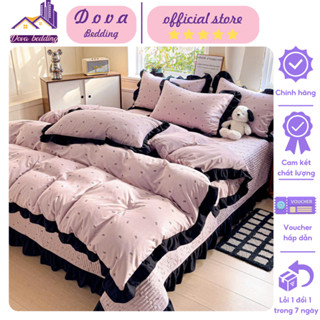 Bộ 4 món chăn ga gối Đũi viền bèo nhập khẩu, chất liệu thun đũi mềm mại thoáng mát, chăn ga được trần bông dày dặn