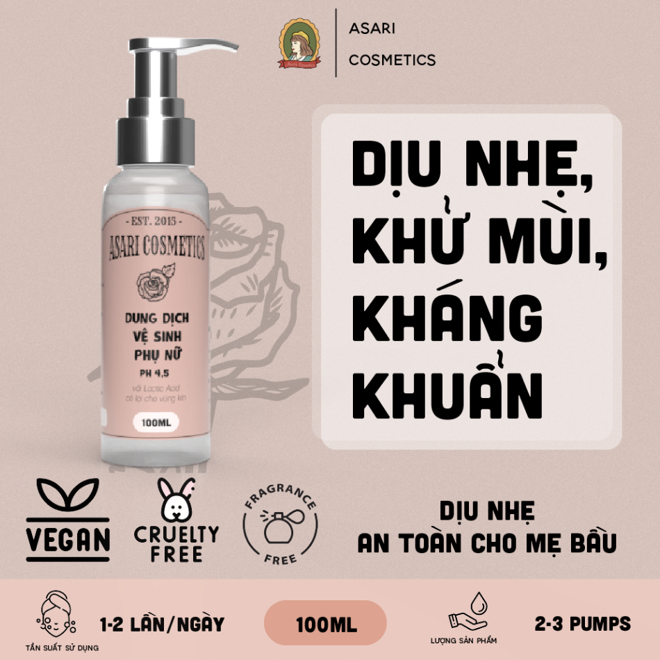 [100ml] Dung dịch vệ sinh phụ nữ an toàn, không sulfate PH 4,5 handmade Asari Cosmetics