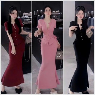  Set Chân Váy Dáng Dài Đuôi Cá Tôn Dáng Mix Áo Cổ Tròn Phối Nút Rút Sườn Tay Ngắn Chất Thun Gân Tăm Diện Trong Mọị Dịp HH 