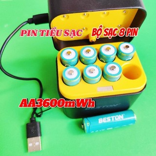 Hộp sạc pin AA BESTON 1.5V 8 slot mẫu mới M7036 USB-C dùng cho micro karaoke, máy ảnh, khóa cửa từ