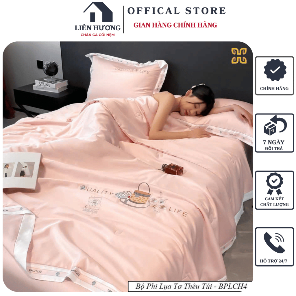 Bộ chăn ga gối phi lụa chăn hè trần bông hàng nhập khẩu , Chất liệu phi bóng nhẹ mềm mướt, thoáng má