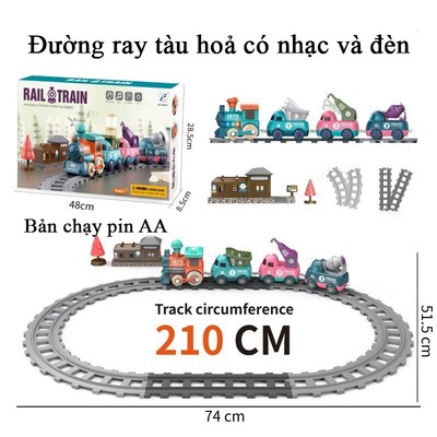 Đồ chơi đường ray xe lửa điện KAVY có nhạc và đèn chạy pin gồm 4 xe kết nối từ tính