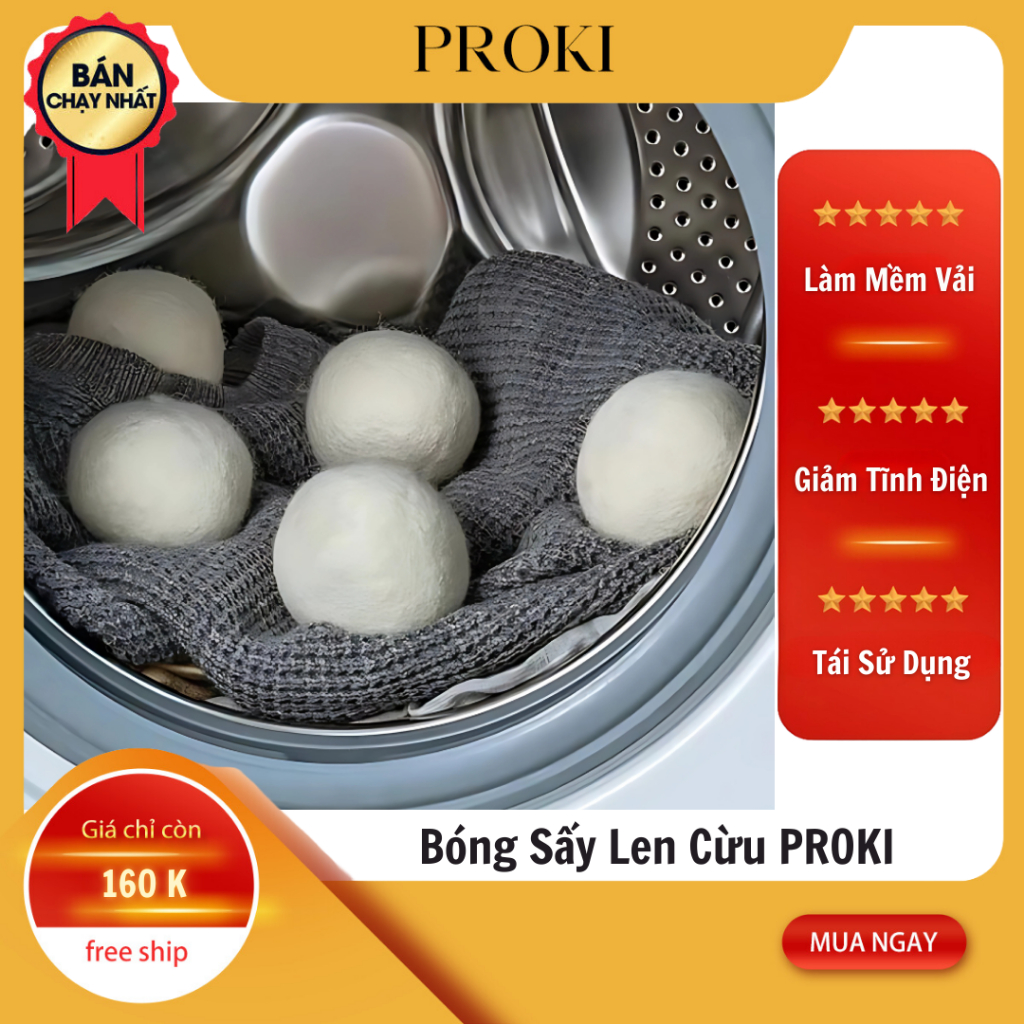 Bóng Sấy Len Cừu PROKI Mềm Vải, Sấy Khô Nhanh, Giảm Tĩnh Điện, Khử Mùi Hiệu Quả, Tái Sử Dụng