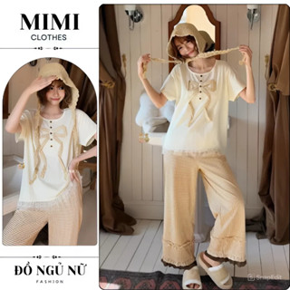 Set đồ nữ, bộ mặc nhà nữ áo phông cộc tay họa tiết nơ mix quần kẻ phối von gấu siêu xinh MIMI CLOTHES hcom25340