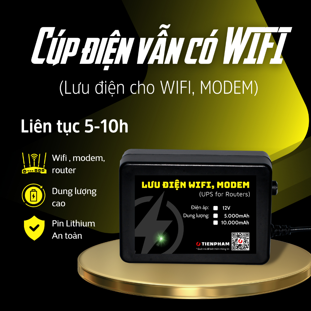 Lưu điện cho Wifi, Modem, Router 10.000mAh - UPS 12V - Cúp điện vẫn có wifi.