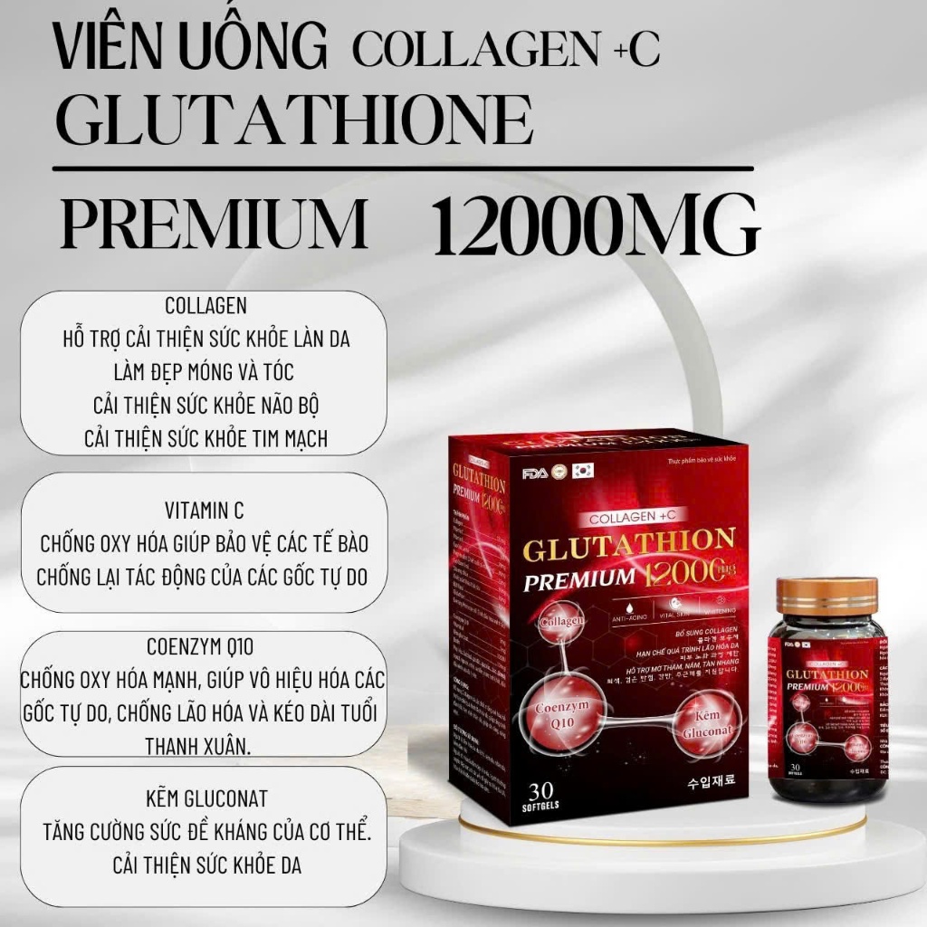 Viên uống trắng da Glutathione Premium 12000mg, viên uống trắng da mờ nám tàn nhang, ngăn ngừa lão hóa - Hộp 30 viên