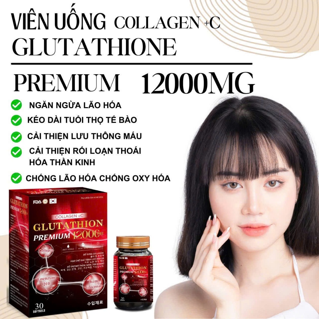 Viên uống trắng da Glutathione Premium 12000mg, viên uống trắng da mờ nám tàn nhang, ngăn ngừa lão hóa - Hộp 30 viên