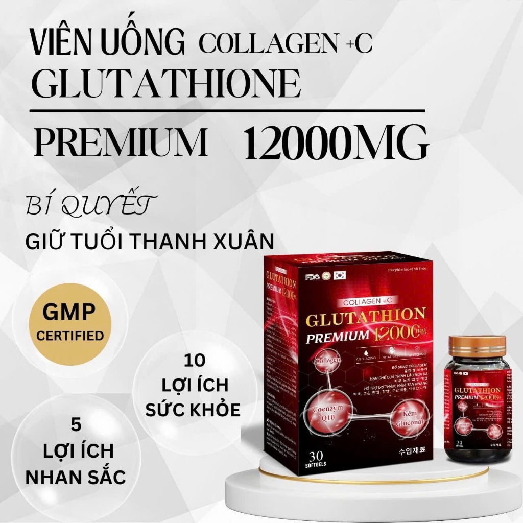 Viên uống trắng da Glutathione Premium 12000mg, viên uống trắng da mờ nám tàn nhang, ngăn ngừa lão hóa - Hộp 30 viên