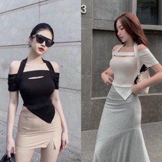 Áo nữ tay ngắn bẹt vai - áo dây choàng cổ khoen hở ngực sexy A105