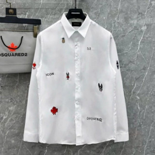 Áo sơ mi trắng nam dài tay DSQ vải lụa thô logo sticker chó pitbull lá dứa ICON boy phố