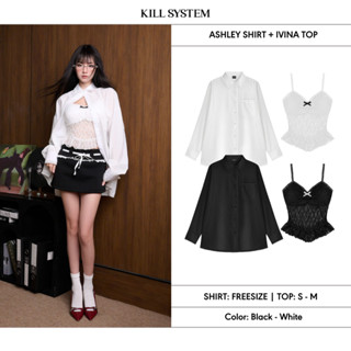 KILL SYSTEM  - Áo sơ mi tay dài ASHLEY phối ren +  Áo 2 dây IVINA ren xuyên thấu thắt nơ ôm body