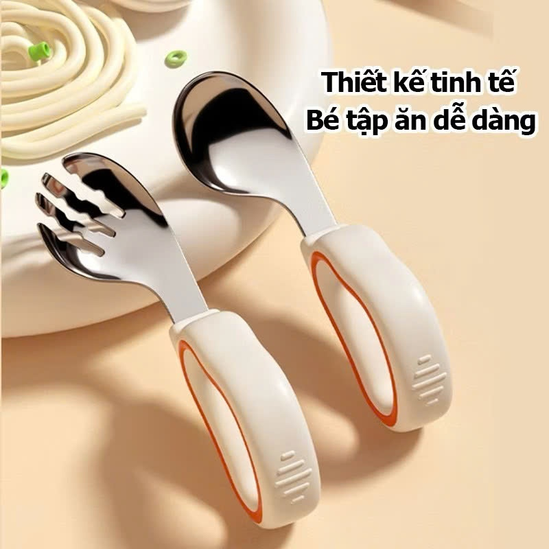   TẶNG HỘP  Bộ thìa nĩa tập ăn dặm cho bé tay cầm silicon mềm inox 316 cao cấp hỗ trợ bé ăn dễ dàng 
