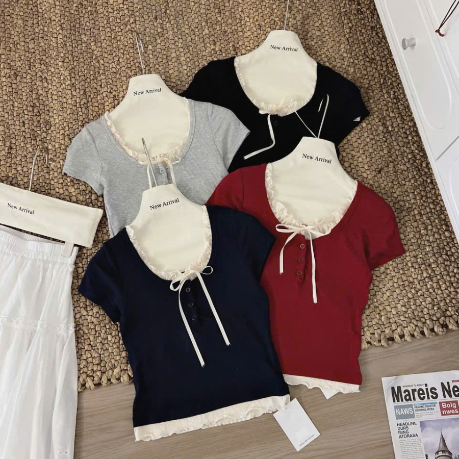 Áo thun tăm cộc tay phối bèo buộc dây MILASU áo nữ cổ tròn thoáng mát A392 | BigBuy360 - bigbuy360.vn