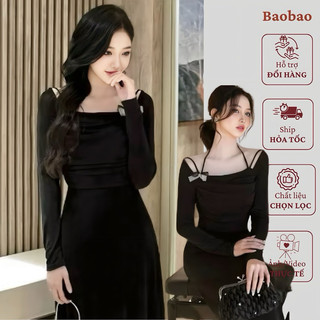 Váy đen cổ vuông tay dài sang chảnh, đầm dự tiệc sang trọng, váy đen nữ dáng dài phổi dây nơ cổ B126