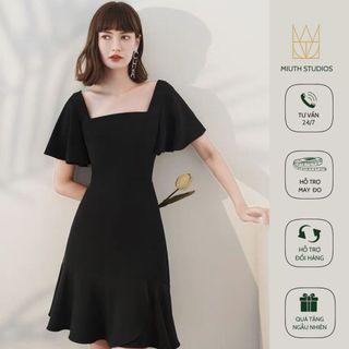 Đầm dự tiệc form chữ a phối lai xòe cổ vuông tay loe tôn dáng thanh lịch
