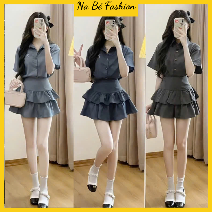 Set áo sơ mi thêu nơ nhỏ kèm chân váy 2 tầng xòe bồng xinh xắn bộ đồ nữ tiểu thư chất xước thái hàng đẹp | BigBuy360 - bigbuy360.vn