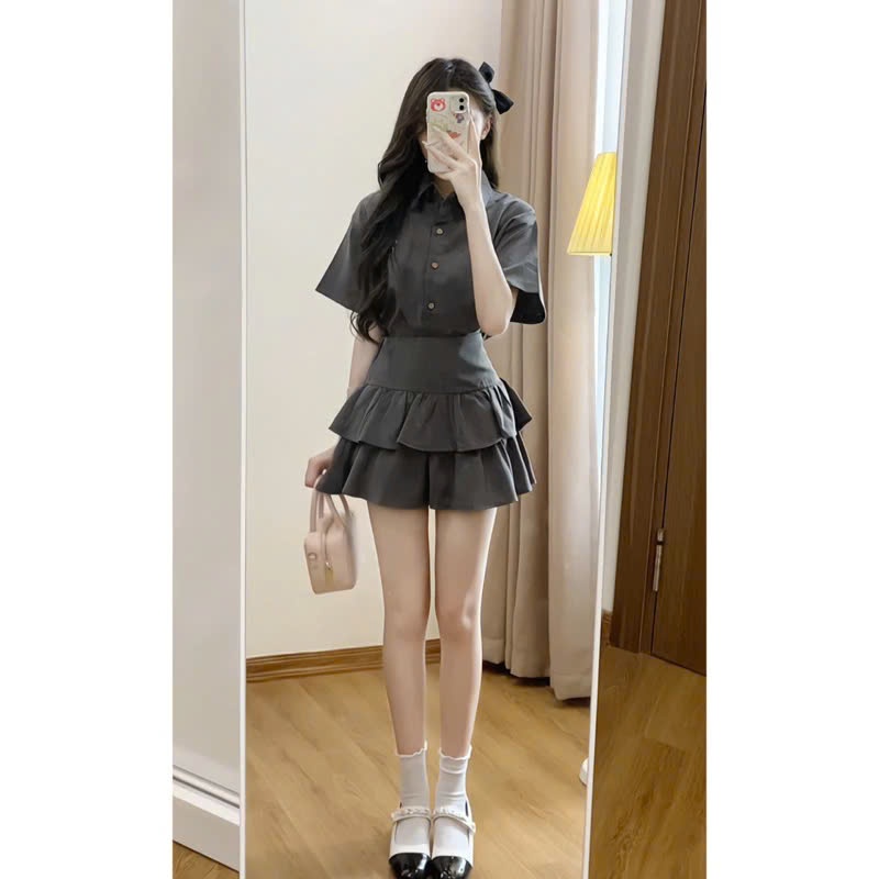 Set áo sơ mi thêu nơ nhỏ kèm chân váy 2 tầng xòe bồng xinh xắn bộ đồ nữ tiểu thư chất xước thái hàng đẹp | BigBuy360 - bigbuy360.vn