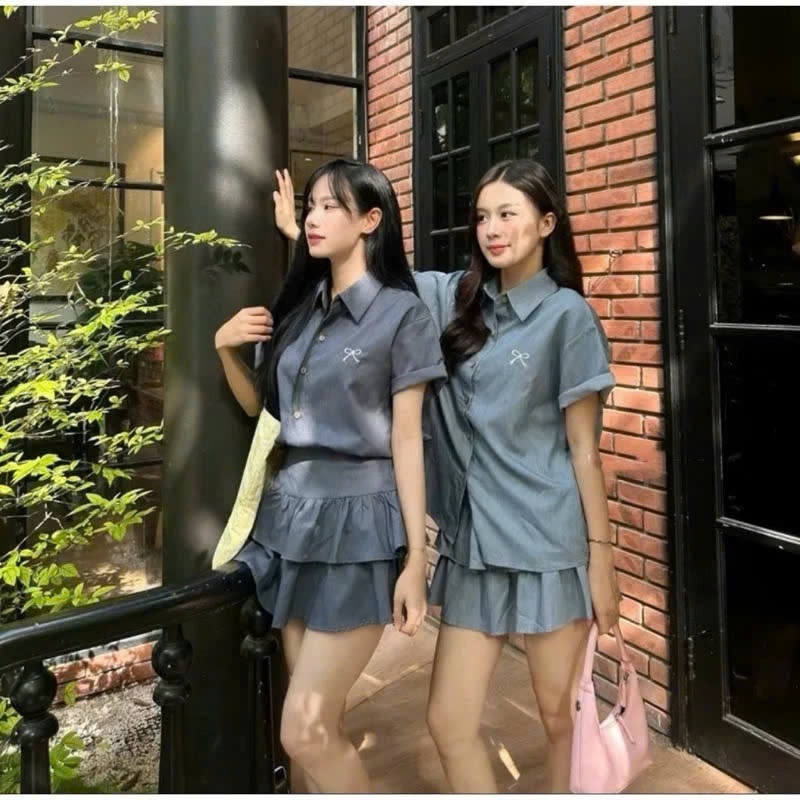 Set áo sơ mi thêu nơ nhỏ kèm chân váy 2 tầng xòe bồng xinh xắn bộ đồ nữ tiểu thư chất xước thái hàng đẹp | BigBuy360 - bigbuy360.vn