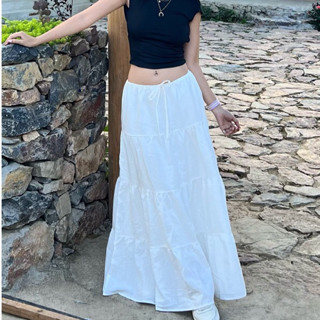 Chân váy dài dáng xòe 3 tầng ulzzang linen có lót lụa Freesize Váy chữ A dài xòe tiểu thư dây rút