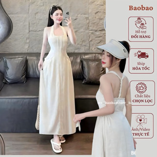 Váy xoắn lưng Baobao, đầm linen xoắn dây lưng, Đầm midi cổ chữ U khóa kéo thắt bím sau lưng _ B771