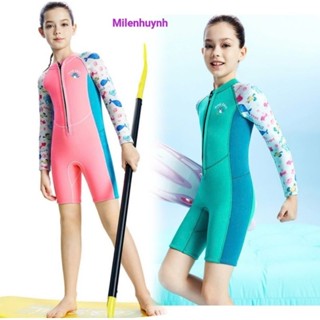  Đồ bơi giữ nhiệt tay dài quần ngắn Dive & Sail cho bé gái M155794K dày 2.5mm dây kéo phía trước màu hồng xanh ngọc 