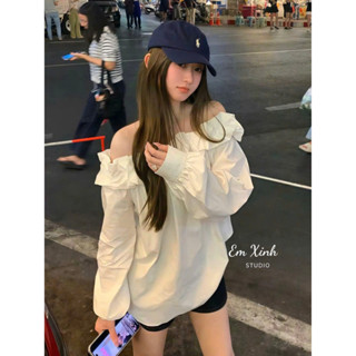Emxinh• Áo sơ mi trắng babydoll, áo váy trễ vai phối bèo tiểu thư. Dáng rộng phong cách tiểu thư