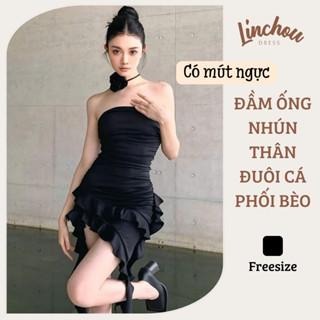 Đầm Body Nhún Thun Cúp Ngực Linchou Thiết Kế Quyến Rũ, Tà Đuôi Cá Phối Bèo Sang Trọng V14