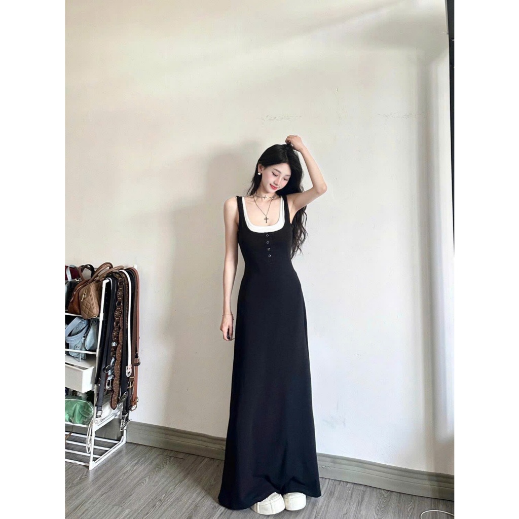 Váy đầm nữ maxi dáng dài chất liệu co giãn phối cổ trắng phong cách tiểu thư sang chảnh GOLALA SP286 | BigBuy360 - bigbuy360.vn