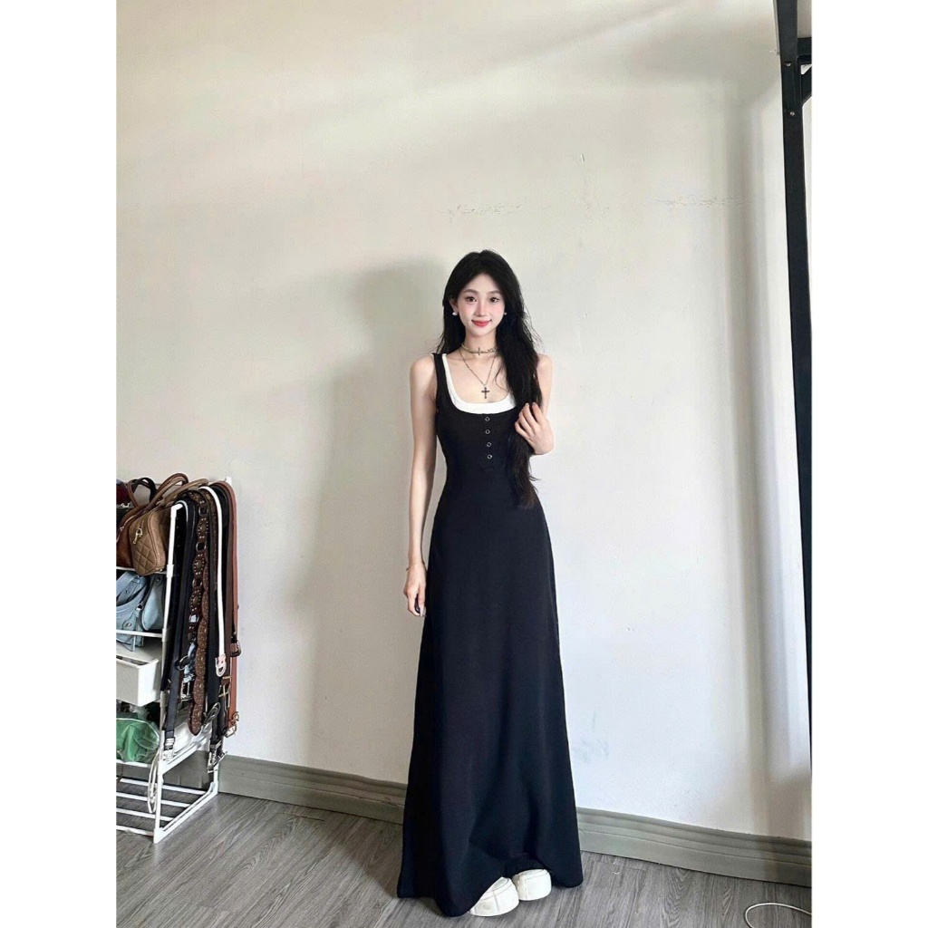 Váy đầm nữ maxi dáng dài chất liệu co giãn phối cổ trắng phong cách tiểu thư sang chảnh GOLALA SP286 | BigBuy360 - bigbuy360.vn