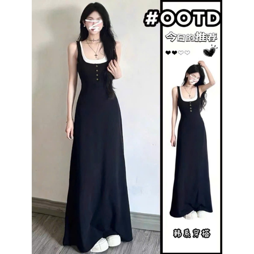 Váy đầm nữ maxi dáng dài chất liệu co giãn phối cổ trắng phong cách tiểu thư sang chảnh GOLALA SP286