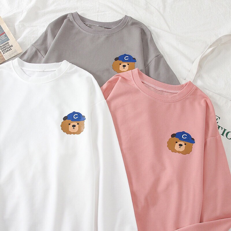 [HCM] (40-70kg) Áo sweater unisex chất nỉ bông mỏng, in nhiệt. S35-logo gấu nón xanh.