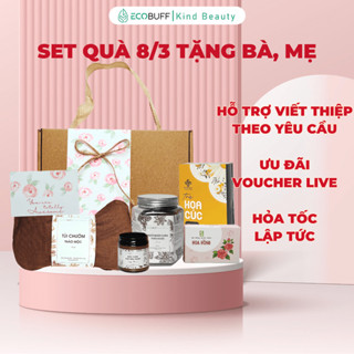 Quà 8/3 cho bà cho mẹ Ecobuff - Set quà gồm Muối ngâm chân thảo dược, Túi chườm, Dầu xoa bóp, Trà