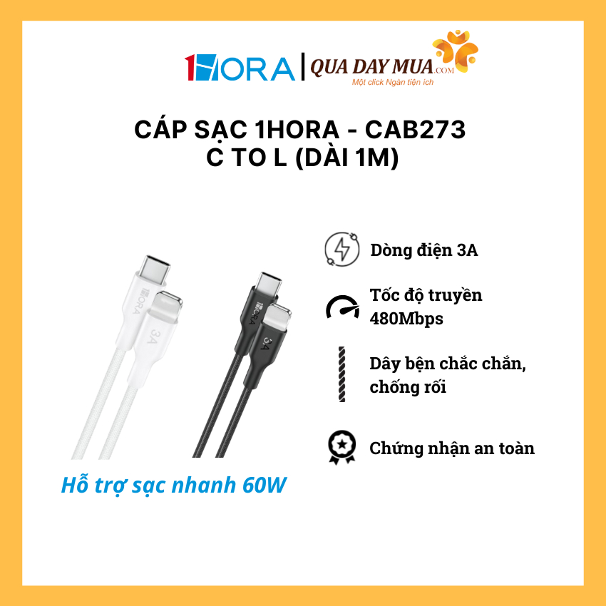 Cáp sạc 1Hora - CAB273  C to L (dài 1m) - BH 12 tháng