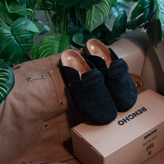  RENCHO PREMIUM Dép Nam Nữ da bít mũi MULE BOSTON màu ĐEN đế trấu định hình lòng bàn chân 