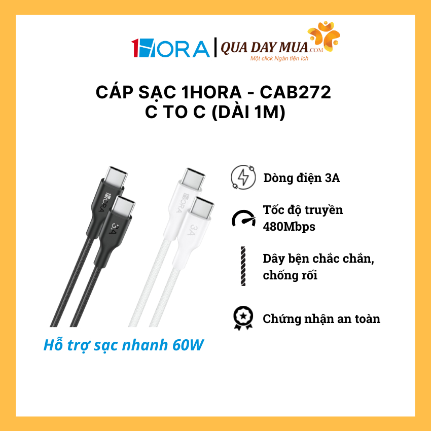 Cáp sạc 1Hora - CAB272  C to C (dài 1m) - BH 12 tháng