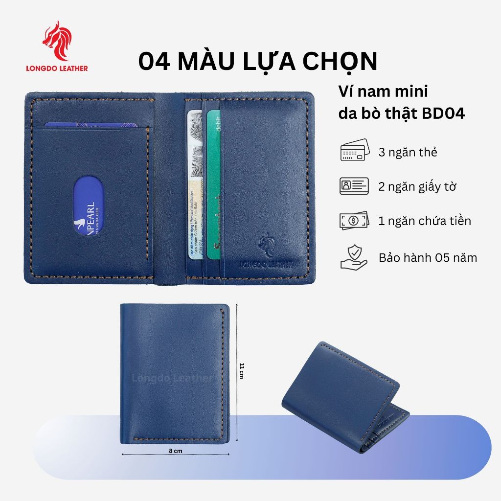 Ví nam kiểu đứng da bò thật - Bảo hành 5 năm - Hàng chính hãng thương hiệu Longdo Leather - BD04
