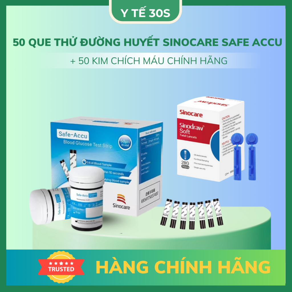 Que Thử Đường Huyết Hộp 50 Que Safe Accu và Kim Lấy Máu Cho Máy Đo Đường Huyết Sinocare Safe Accu